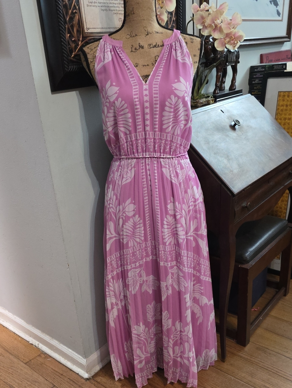 Floral Halter Pink Maxi Dress with Elastic Waist